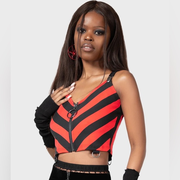 Killstar Tops - KILLSTAR x AVRIL LAVIGNE Setlist Zip Up Crop Top Tank Vest Striped Black Red L